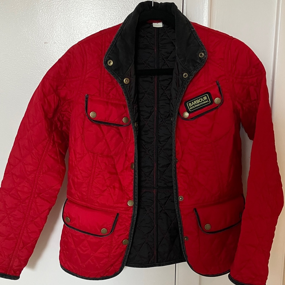 Barbour Women’s red quilted Field Jacket with Corderoy trim